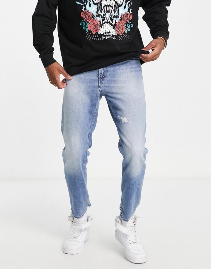 Asos Design Classic Rigid Jeans In Tinted Wash With Abrasions - Mblue-blues