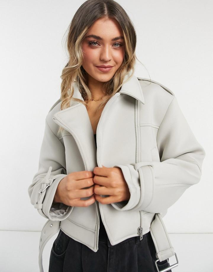 Asos Design Scuba Biker Jacket In Cream-white