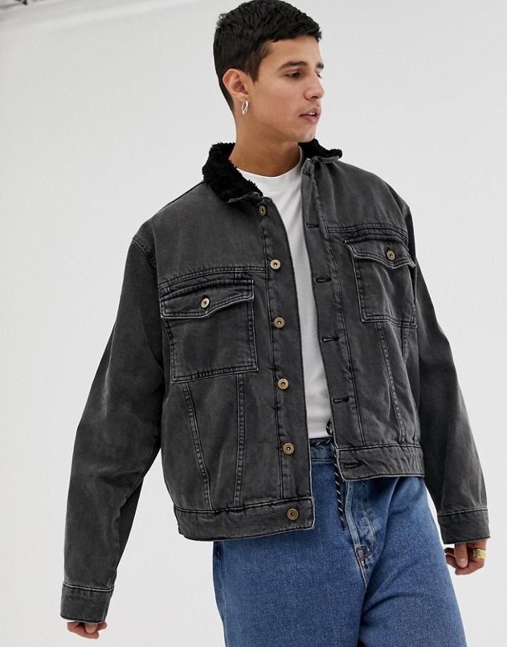 Collusion Fleece Lined Denim Jacket In Black - Black