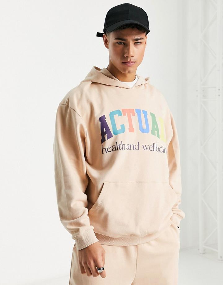 Asos Actual Oversized Hoodie With Multi Colored Logo Print In Beige - Part Of A Set-neutral