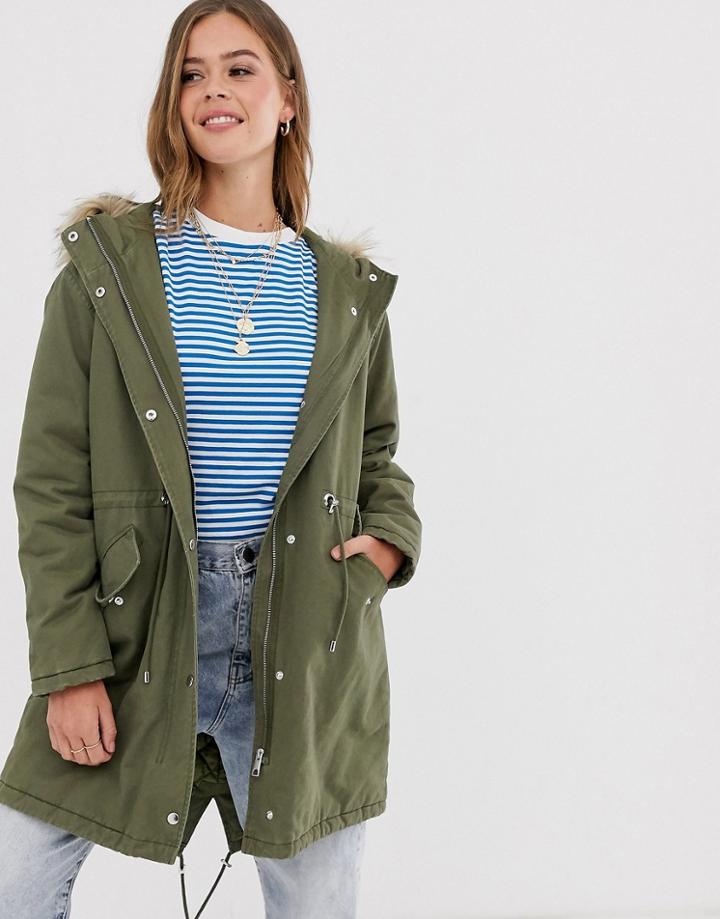 New Look Cotton Parka Jacket In Khaki-green