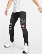 The Couture Club Slim Jeans In Black With Knee Rips And Embroidery