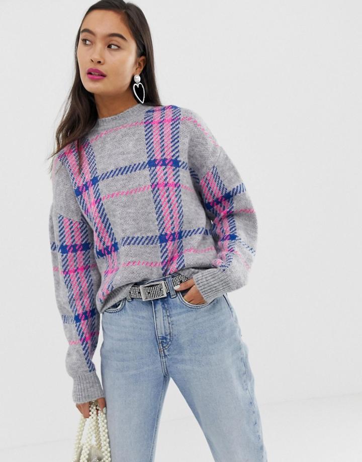 New Look Sweater In Neon Check - Gray