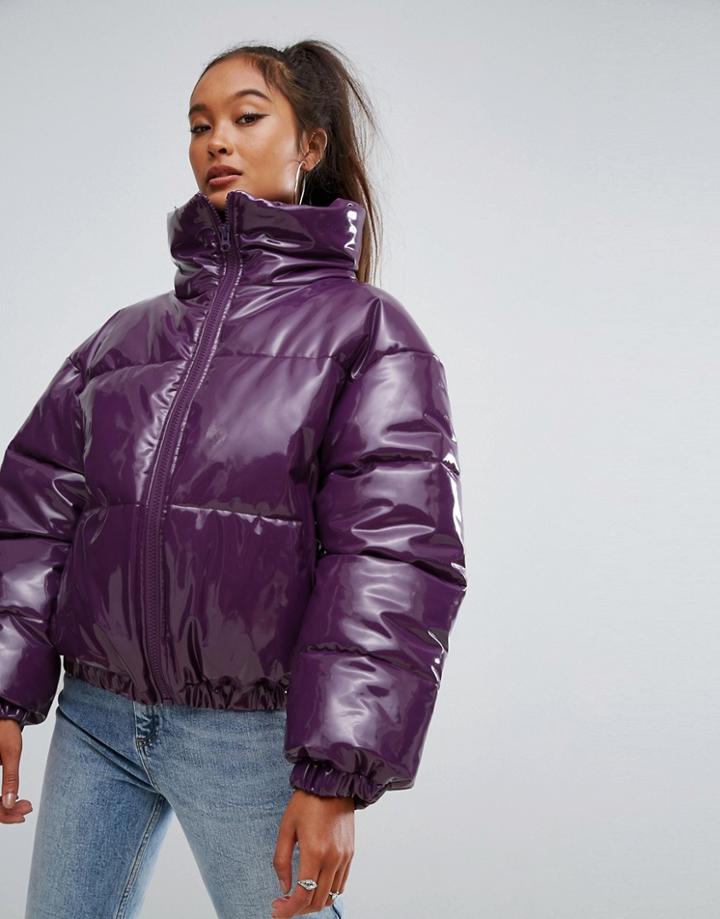 Asos High Shine Patent Puffer Jacket - Purple