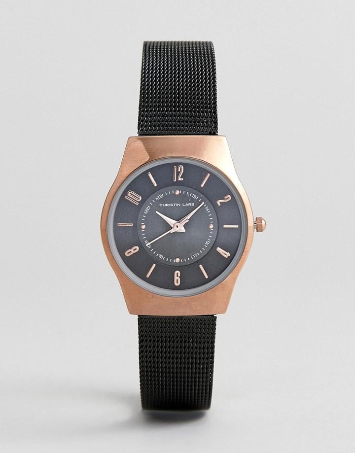 Christin Lars Mesh Strap Watch In Black With Gold Case - Gold