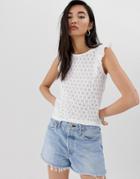 Stradivarius Sleeveless Top With Embroidery Frill In White - White