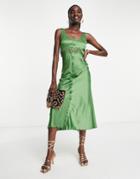 Asos Design Bias Satin Midi Dress With Delicate Lace Detail And Button Through Detail In Olive-green