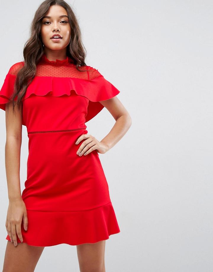 Asos Skater Dress With Dobby Mesh Panel - Red
