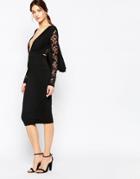 Hedonia Missy Plunge Midi Dress With Lace Back And Sleeves - Black