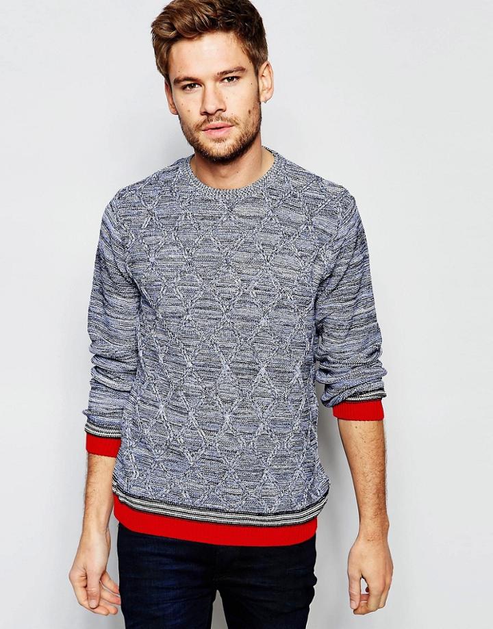 Asos Cable Sweater With Contrast Hems - Blue