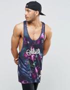Siksilk Floral Tank With Curved Hem - Navy