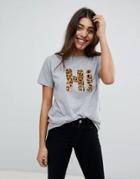 Asos Design T-shirt With Faux Animal Fur Hi - Gray