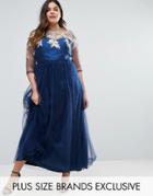 Chi Chi London Plus Premium Lace Bodice Maxi Dress With Tulle Skirt - Navy