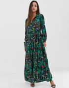 Prettylittlething Button Down Maxi Shirt Dress In Black Floral - Multi