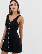 Asos Design Button Through Rib Mini Dress - Black