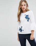 Warehouse Flare Sleeve Floral Embroidered Top - White