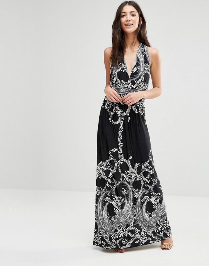 Pussycat London Maxi Dress In Border Print - Black