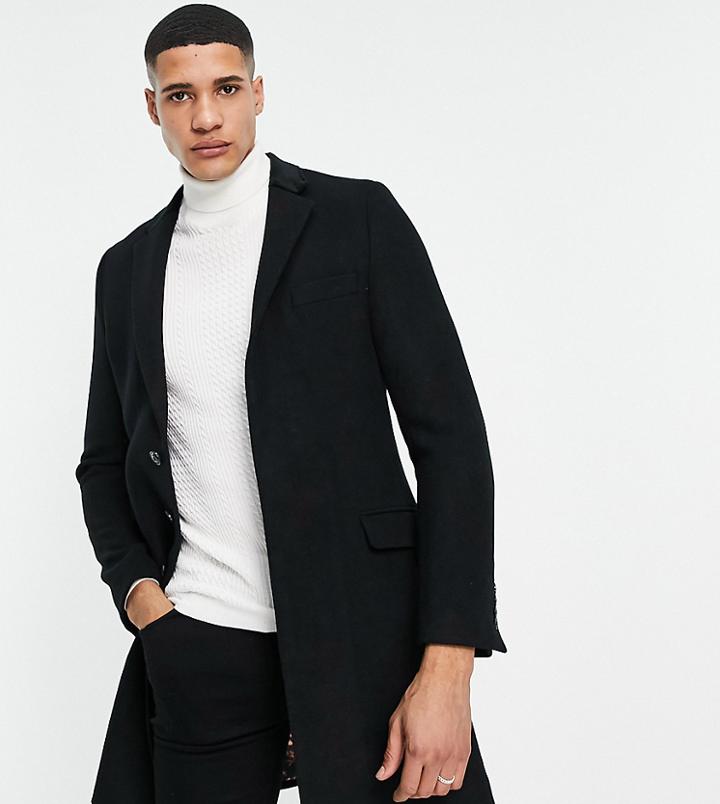 Gianni Feraud Tall Wool Blend Single Breasted Classic Overcoat With Velvet Collar-black