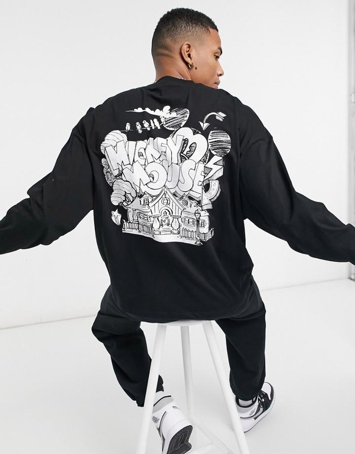 Asos Design Disney Mickey Mouse Oversized Long Sleeve T-shirt With Front & Back Sketch Print-black