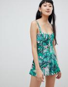 Pull & Bear Cami Strap Romper In Green Tropical Print - Green