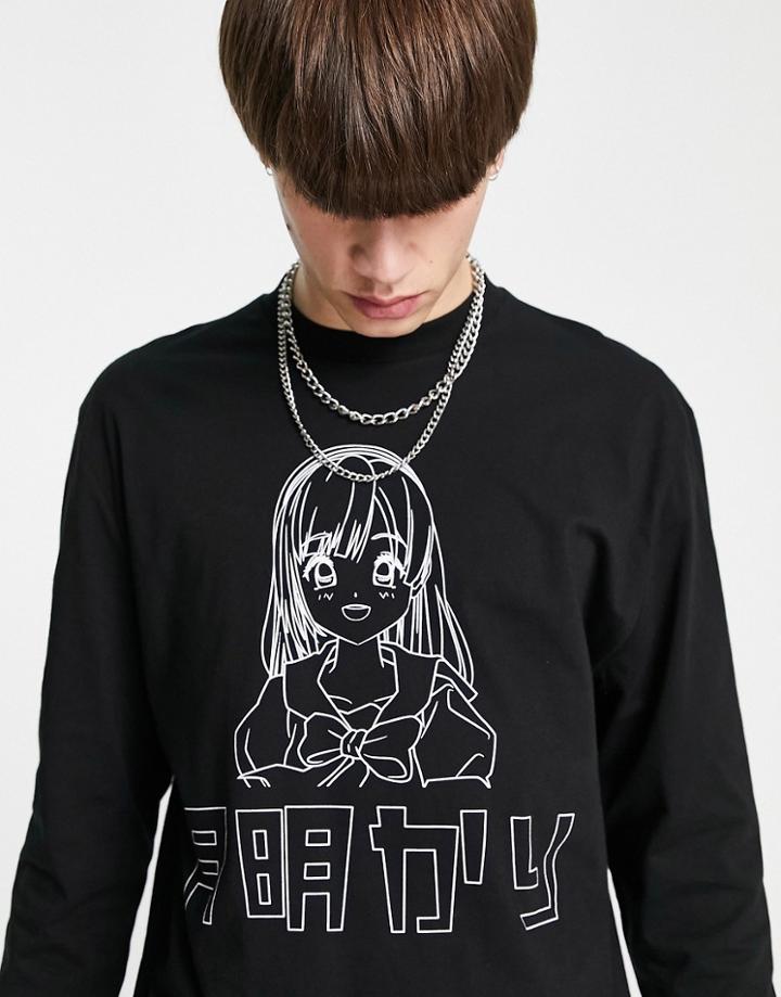 Asos Design Relaxed Long Sleeve T-shirt In Black Cotton With Anime Print - Black