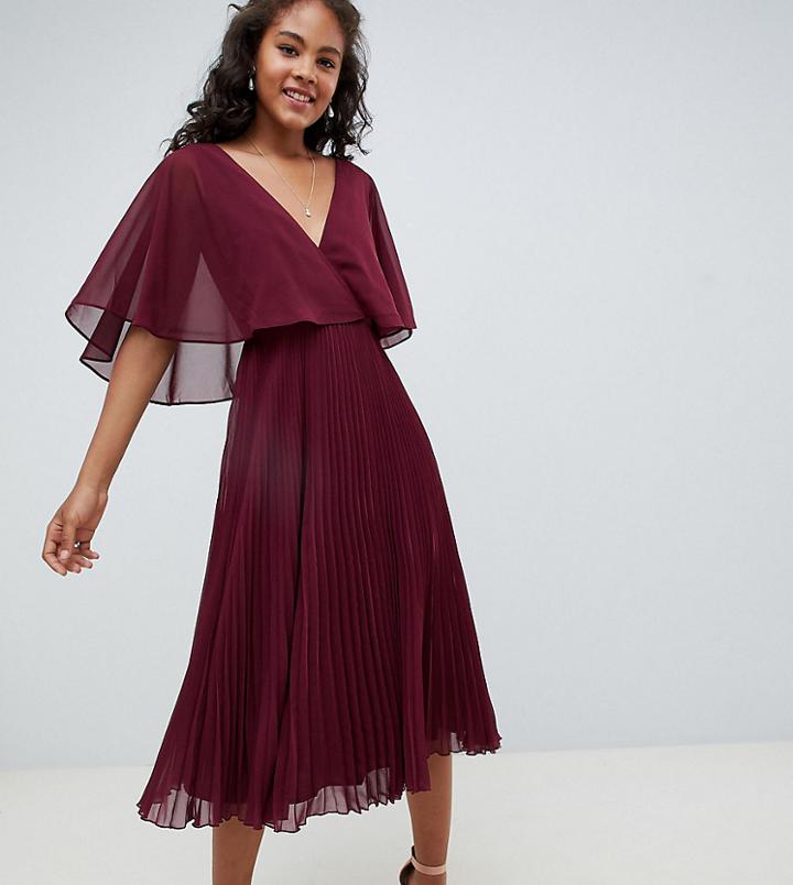 Asos Design Tall Midi Dress With Pleat Skirt And Flutter Sleeve - Purple
