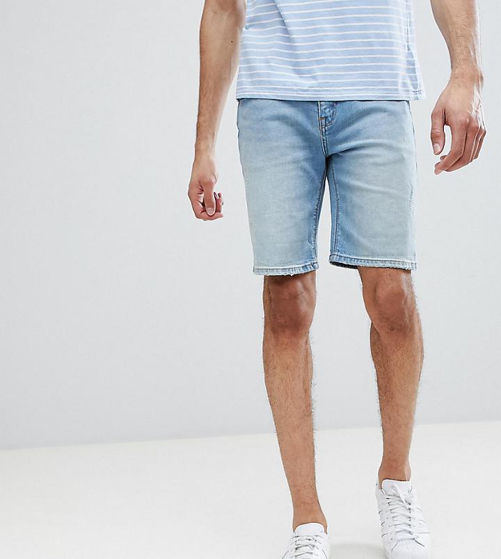 Asos Tall Denim Shorts In Skinny Light Wash With Abrasions - Blue