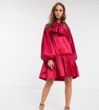 Sister Jane Oversized Mini Smock Dress With Volume Sleeves And Bow In Luxe Satin-pink