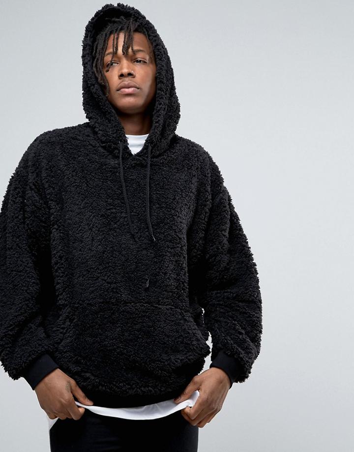 Asos Oversized Hoodie In Borg - Black
