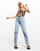 Asos Design High Rise 'slouchy' Mom Jeans In Stonewash With Rips-blues
