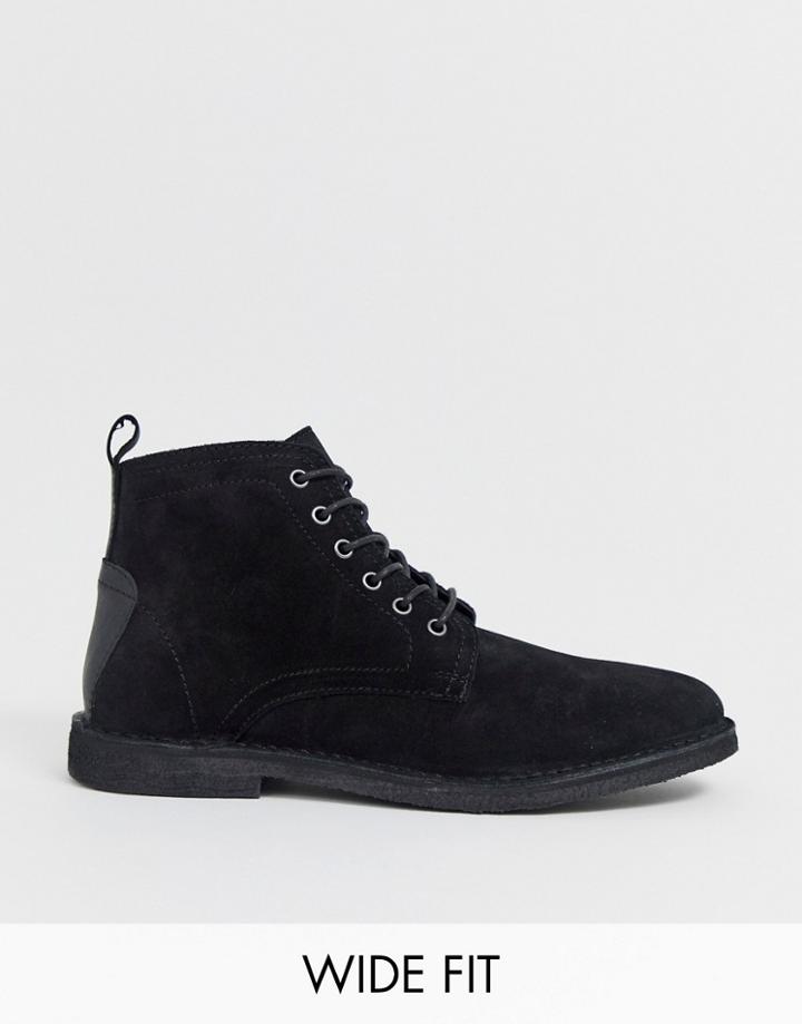 Asos Design Wide Fit Desert Boots In Black Suede With Leather Detail