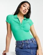 New Look Collared Button Through Ruched Front Top In Green