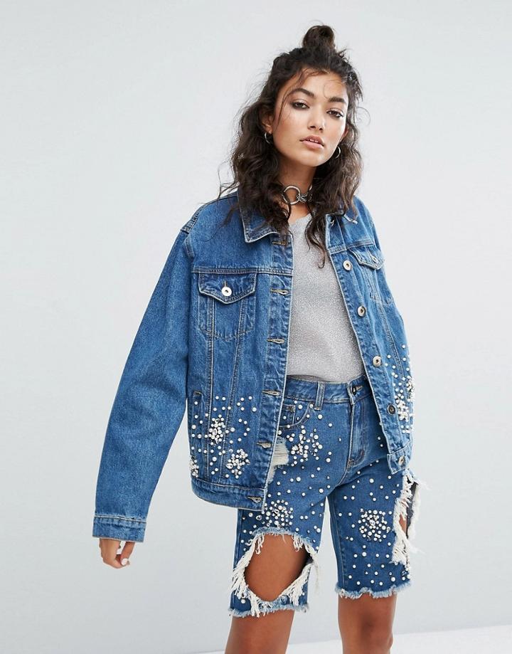 One Above Another Denim Jacket With All Over Embellishment Co-ord - Blue