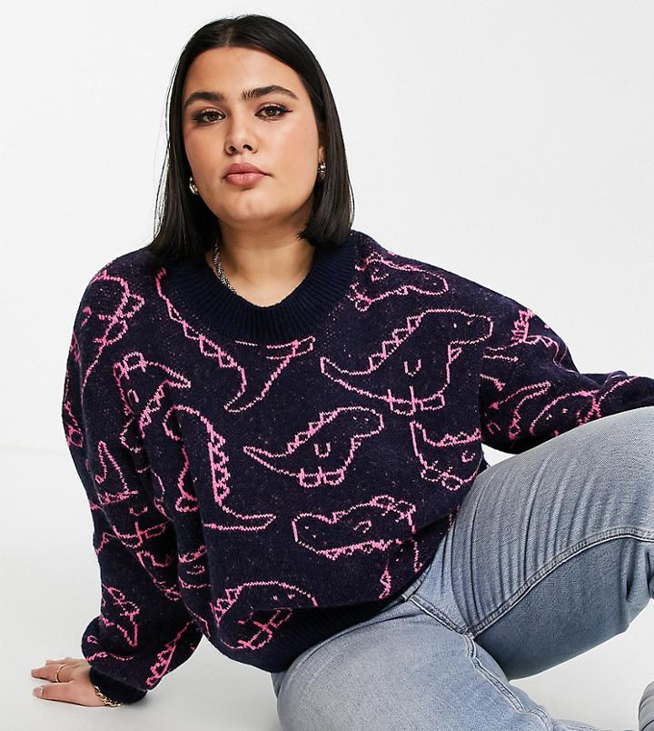 Asos Design Curve Sweater In Dinosaur Pattern In Navy