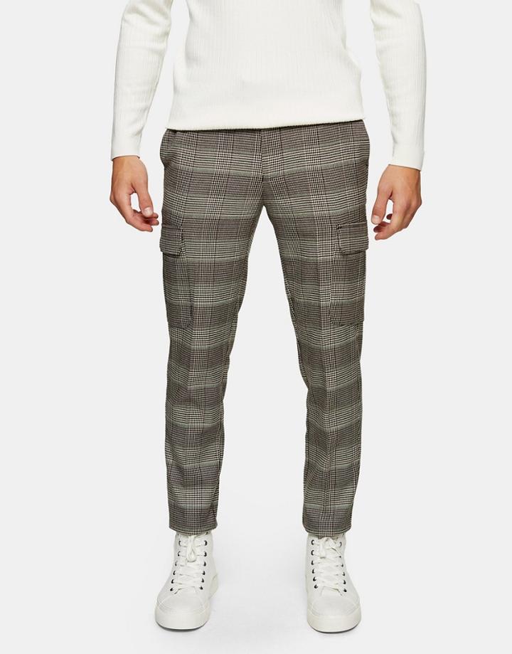 Topman Stretch Skinny Cargo Pants In Neutral Check-multi