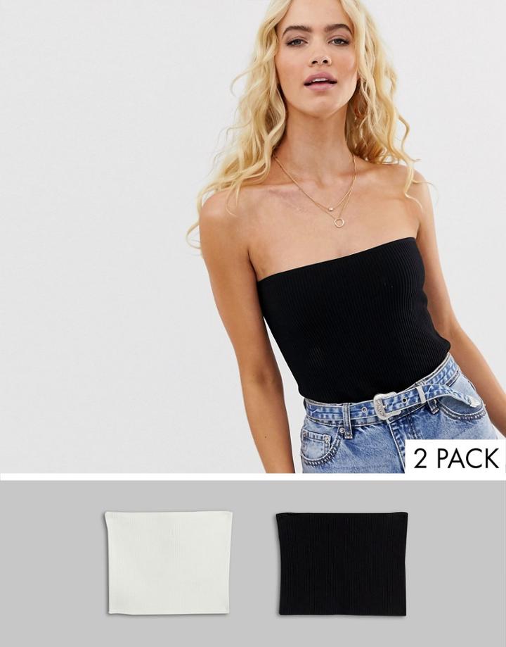Stradivarius Str Multipack Ribbed Jersey Bandeau Top In Black And White - Multi