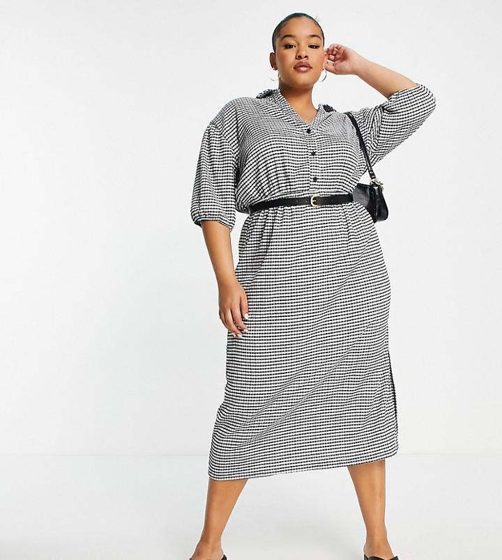 Asos Design Curve Short Sleeve Shirt Midi Dress With Belt In Mono Check-multi
