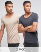 Asos 2 Pack Muscle T-shirt With Scoop Neck In Beige/washed Black - Multi