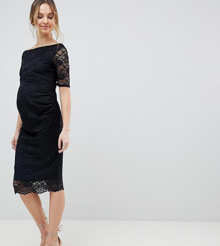 Asos Design Maternity Bardot Dress With Half Sleeve In Lace - Black