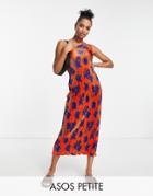 Asos Design Petite Plisse One Shoulder Midi Dress In Orange And Blue Floral-multi