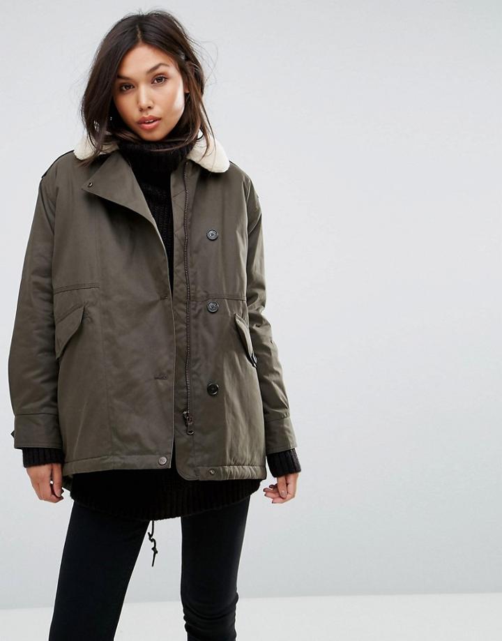 Parka London Zoe Swing Coat With Shearling Collar - Green