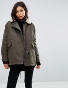 Parka London Zoe Swing Coat With Shearling Collar - Green