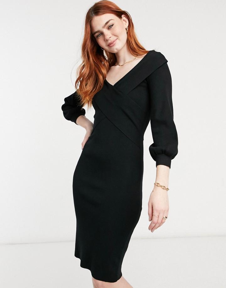 Outrageous Fortune Off Shoulder Knitted Midi Dress In Black-brown