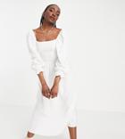 New Look Tall Shirred Textured Midi Dress In White