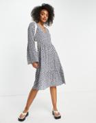 Monki Sandy Long Sleeve Tiered Wrap Smock Dress In Blue Floral-blues