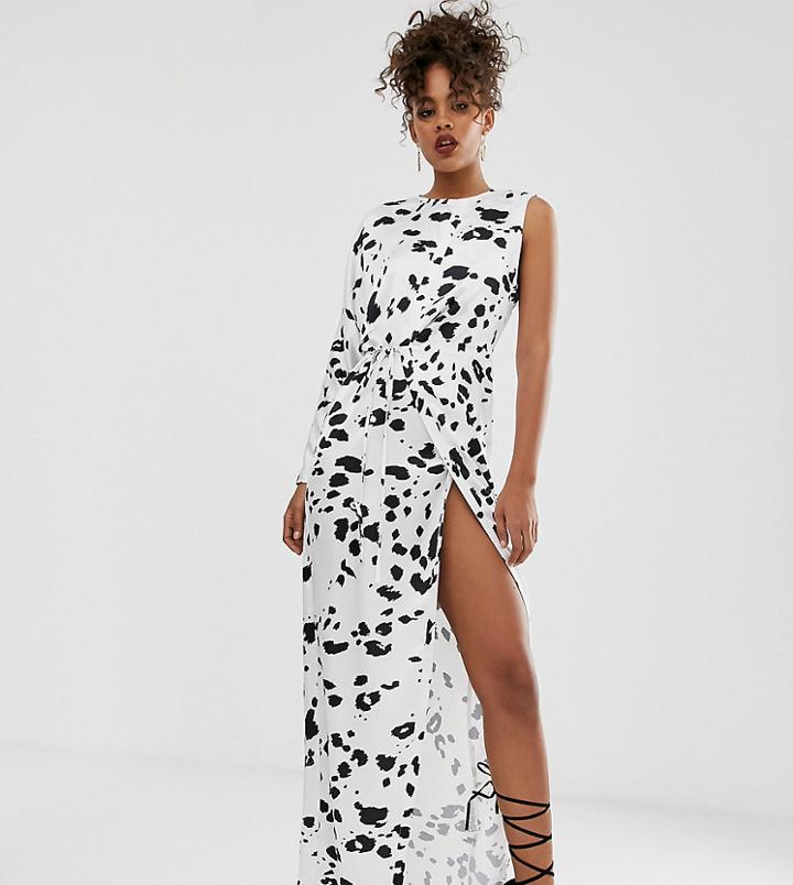 Asos Design Tall One Sleeve Maxi Dress In Mono Smudge Print - Multi