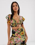 Asos Design Beach Crop Top With Ruffle Sleeves In Glam Safari Tropical Print Two-piece-multi