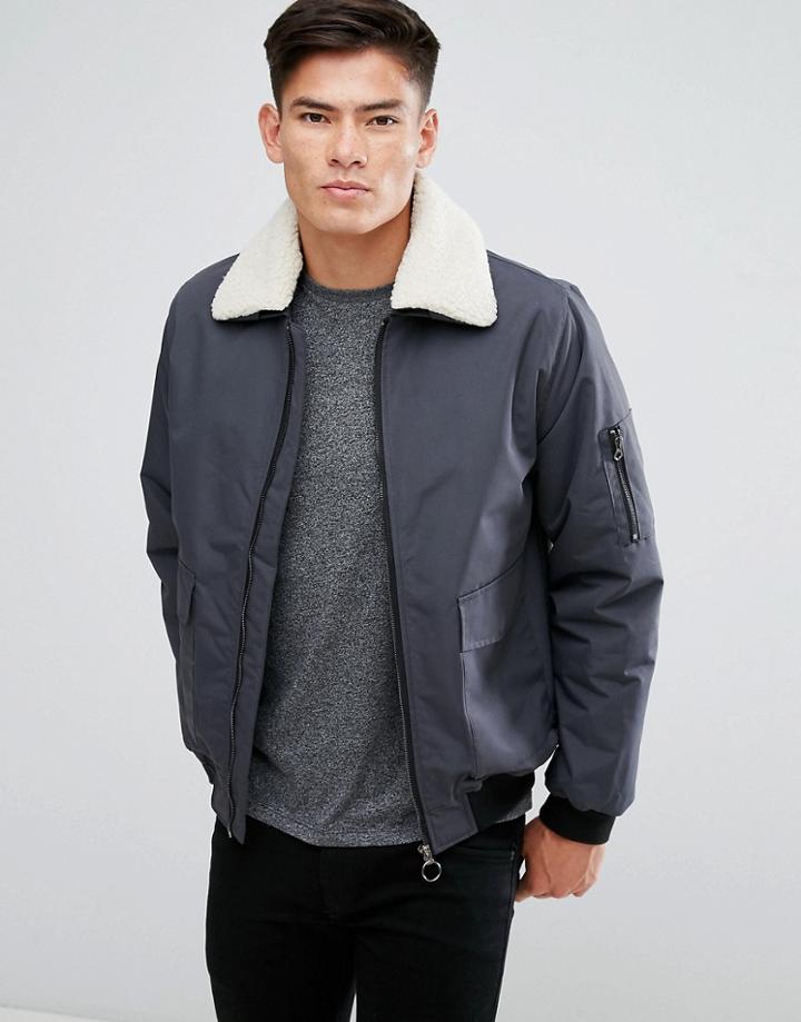 D Struct Detatcheable Fleece Collar Flight Jacket - Gray