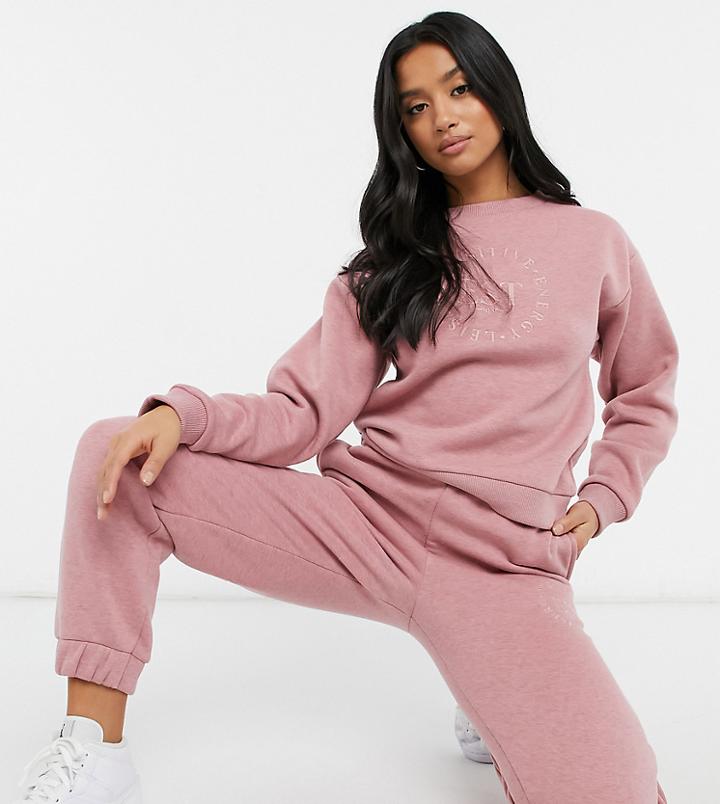 Asos Design Petite Tracksuit Oversized Sweatshirt With Embroidery / Oversized Sweatpants In Pink Heather