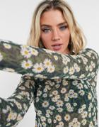 Asos Design Cropped Mesh Long Sleeve Top In Daisy Ditsy-multi